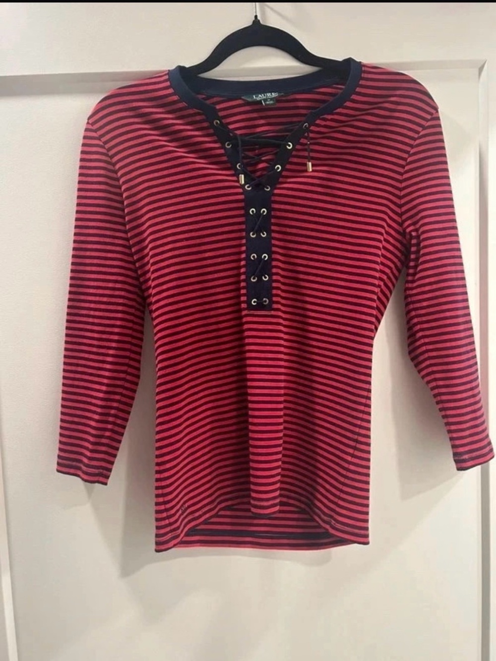 Ralph Lauren Red and Navy Striped Lace-Up Long Sleeve Tee